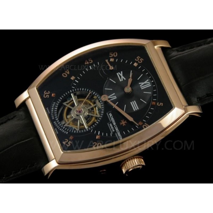 Replica Vacheron Constantin Tourbillon Watch 18K Rose Gold Tapauksessa 42mm musta nahkahihna SVC004